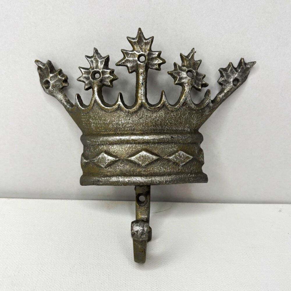 Vintage Ornate Cast Metal Wall Hook Silver Tone Architectural King Crown Accent